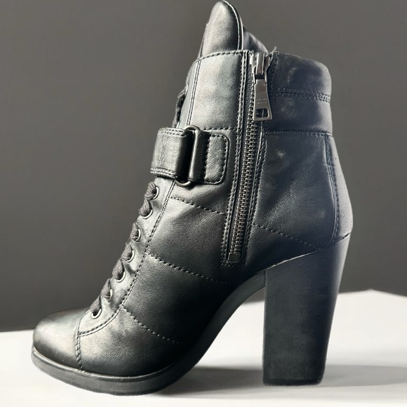 Prada Logo Lug Sole Platform Block Heels Ankle Moto Combat Black Leather 37 1/2 - Picture 6 of 14